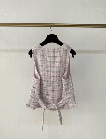Chanel 21S pink green tweed check vest jacket