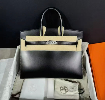HERMÈS 25 BIRKIN SELLIER BLACK BOX CALF LEATHER PALLADIUM HARDWARE