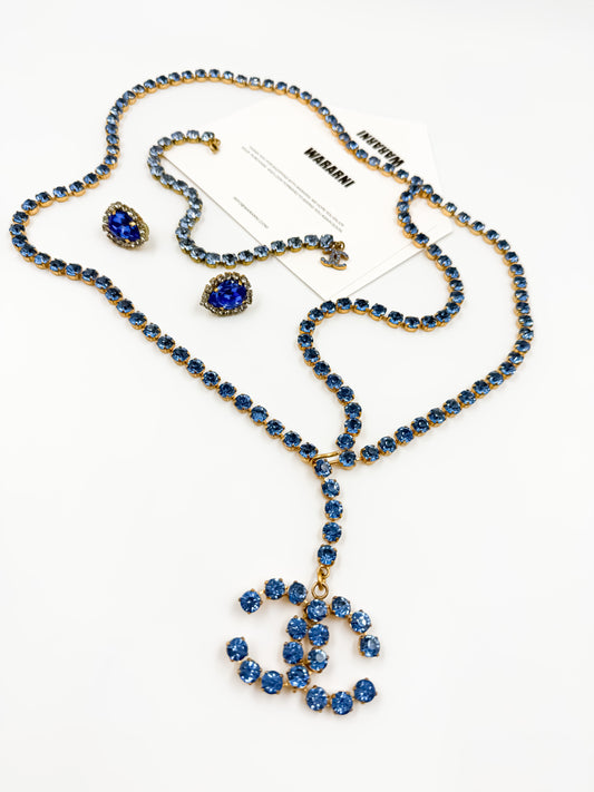 Chanel 1995 “Barbie Collection” Blue Rhinestone Set — Belt, Earrings 
Anklet