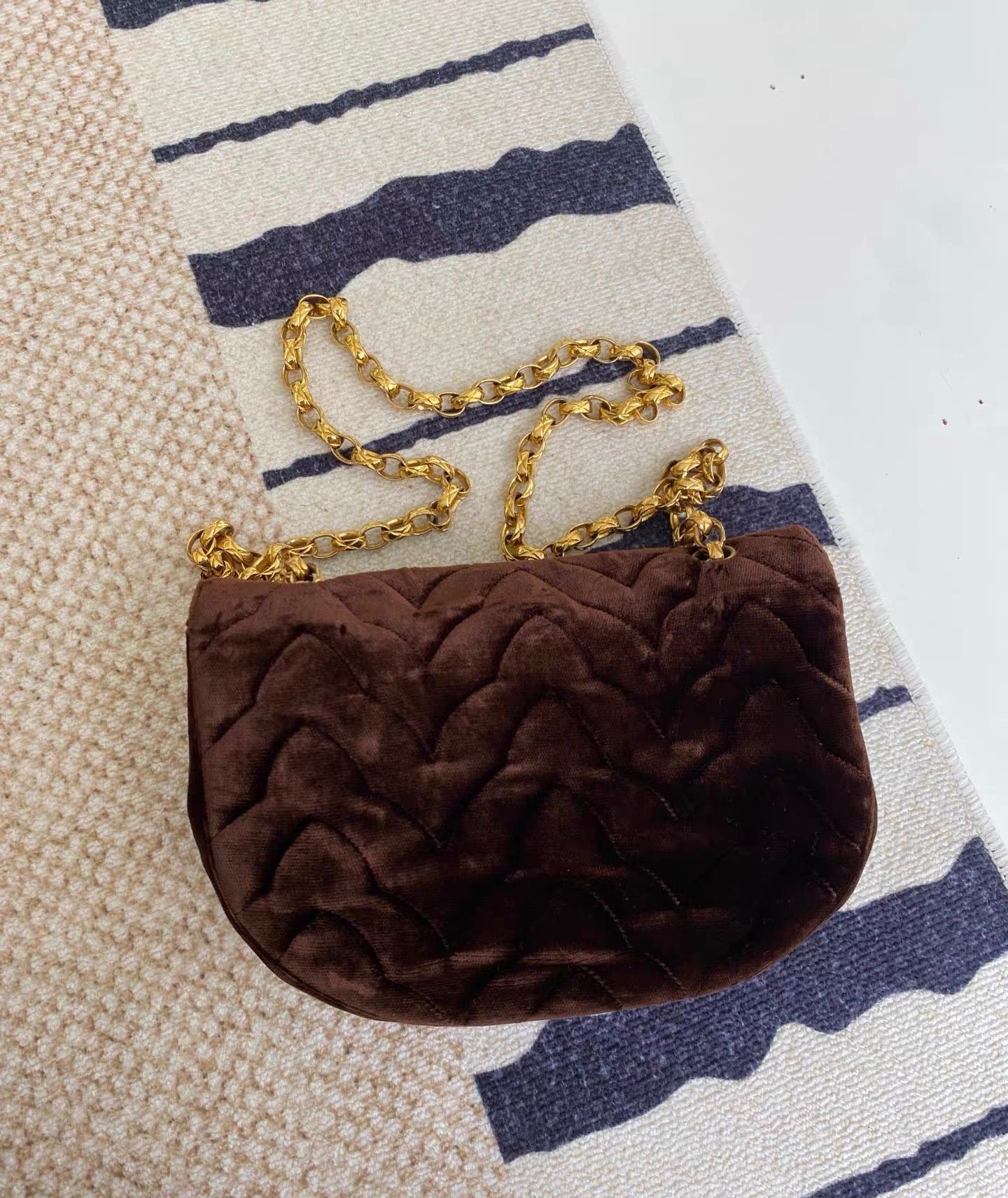 Chanel Vintage Flap Bag in Brow Velvet and Gold Hardware