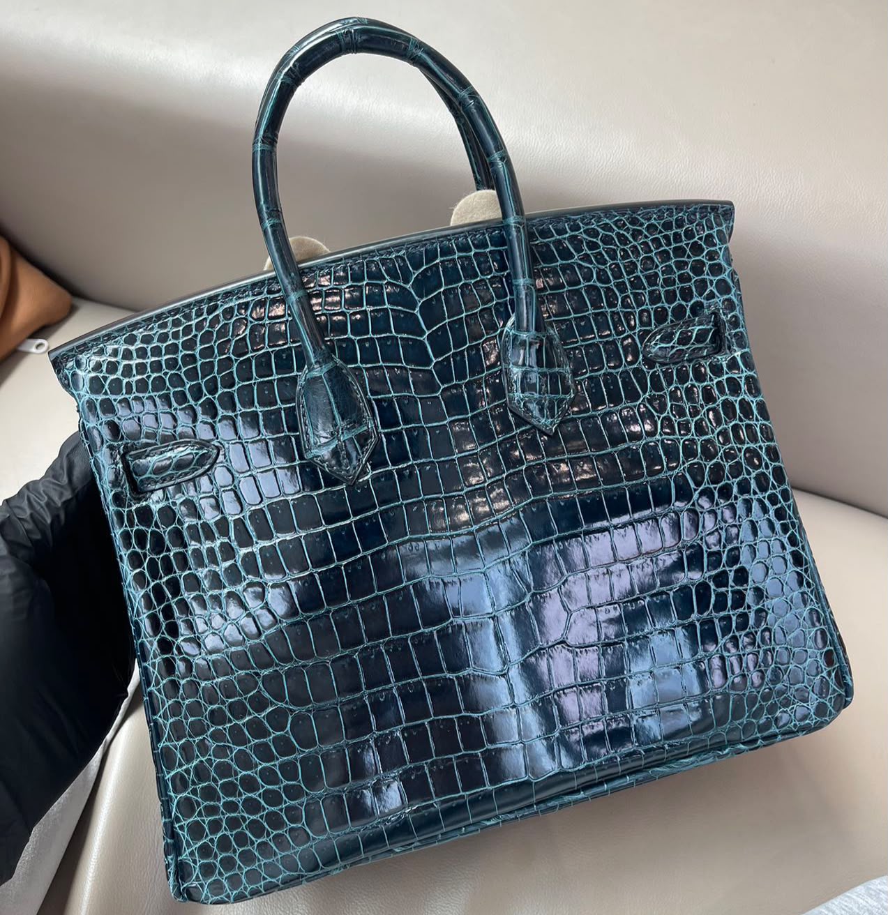 Hermes Birkin 25 Vert Rousseau Shiny porosus crocodile leather white gold diamond hardware