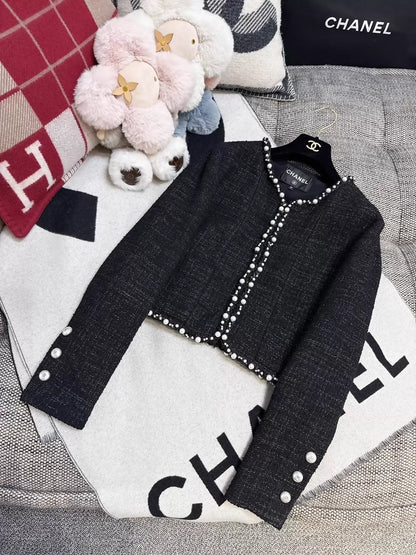 Chanel 25P black pearl-trimmed tweed jacket