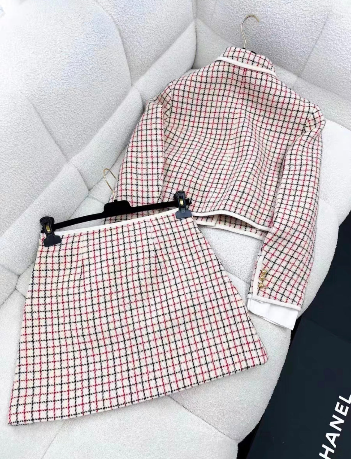 Miu Miu pink plaid jacket and skirt set in size 40