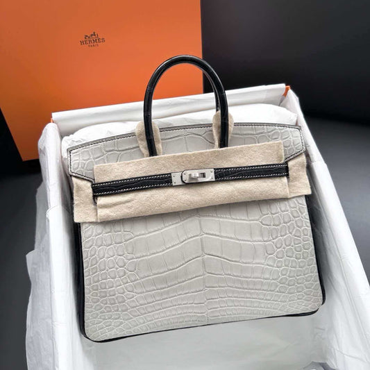 Hermes Birkin 25 HSS Gris Perle matte alligator x black brushed palladium hardware