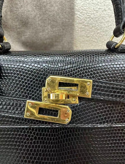 HERMÈS KELLY 20 MINI VINTAGE BLACK LIZARD WITH GOLD HARDWARE