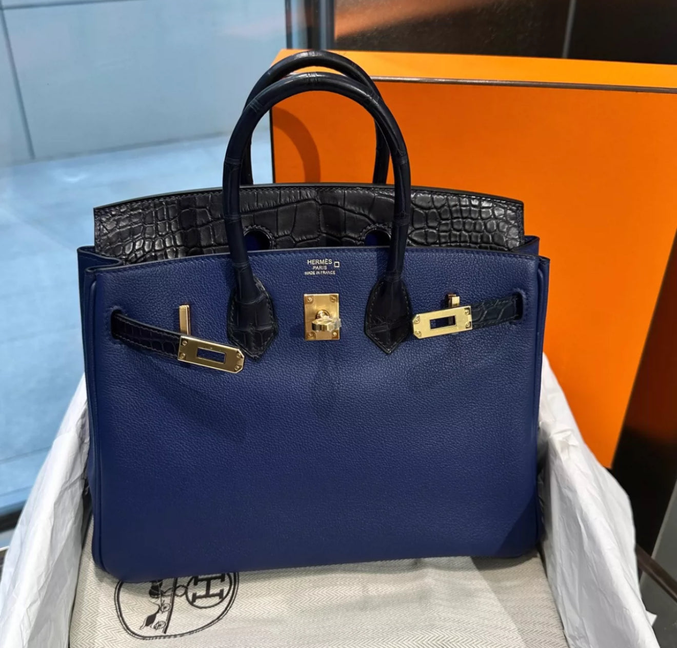 Hermès Birkin 25 Bleu Marine Matte Alligator and Bleu Saphir Novillo Touch Rose Gold Hardware