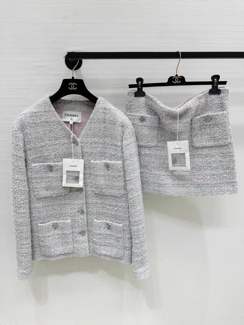 Chanel 25P iridescent tweed jacket and skirt set