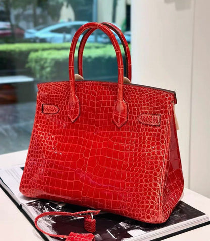 Hermes Birkin 30 Red Shiny crocodile leather Palladium hardware