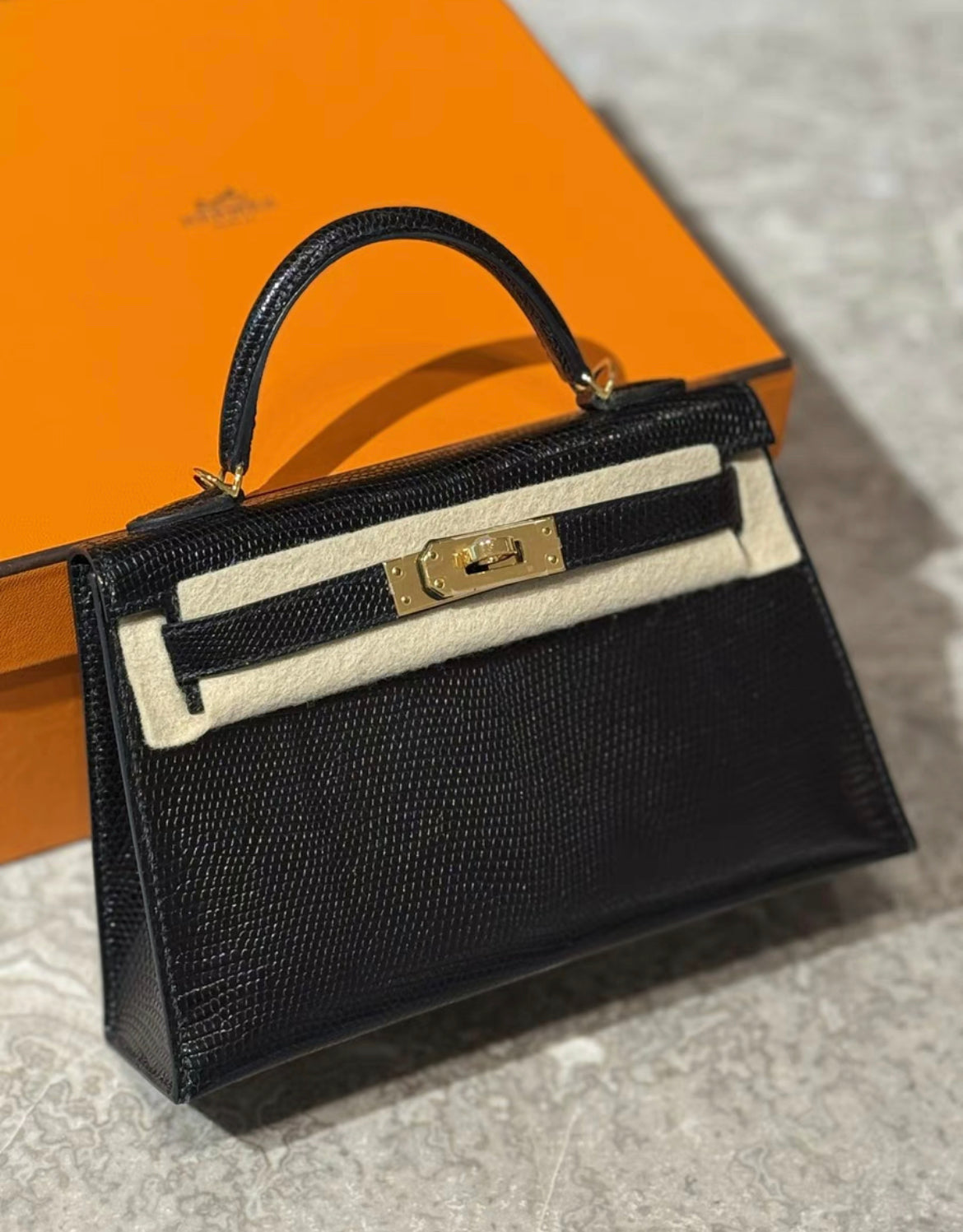 Hermes Mini Kelly Black Lizard Gold Hardware