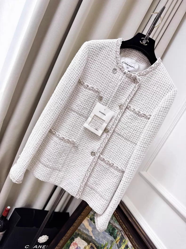 Chanel 25C white coat with gold thread trim