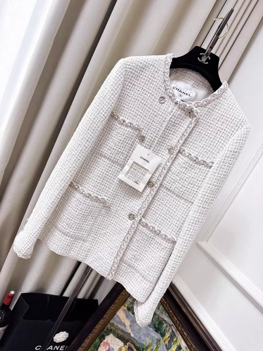 Chanel 25C white coat with gold thread trim
