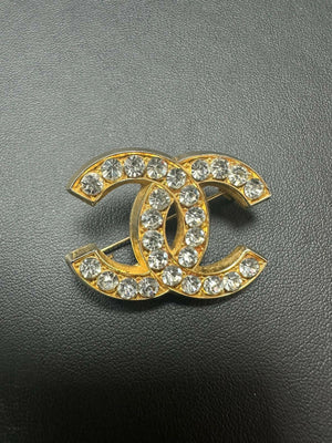 Chanel Vintage 54-71s Rhinestone Gold-plated CC Logo Brooch