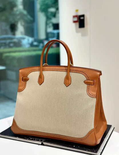 Rare Hermès Birkin 40 Toile H and Lace Ghillies Gold saddle leather Palladium Hardware