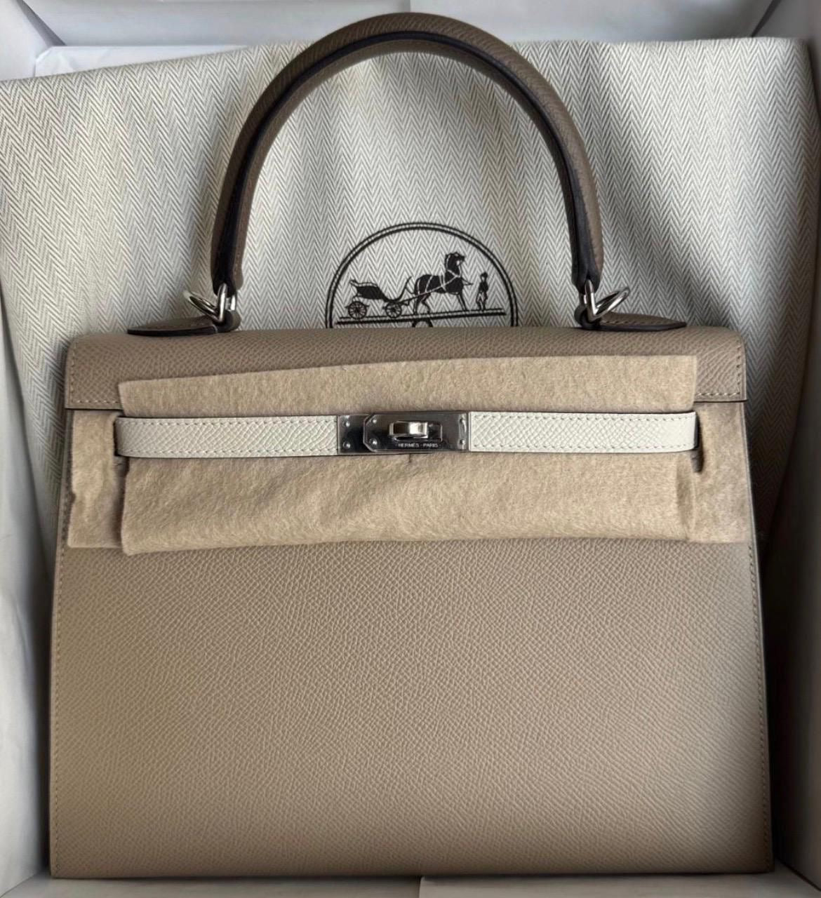 Hermes kelly 25 Tricolor Trench Nata Etoupe Epsom Sellier Palladium Hardware