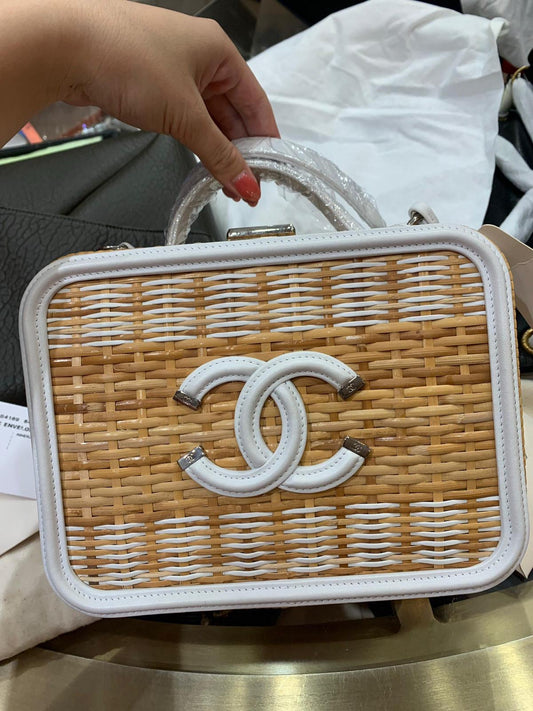 Chanel Vanity Case Beige & White, Rattan, Patent Calfskin & Silver-Tone Metal