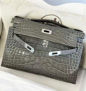 Hermes Kelly Pochette Gris Ciment Shiny Alligator Palladium Hardware