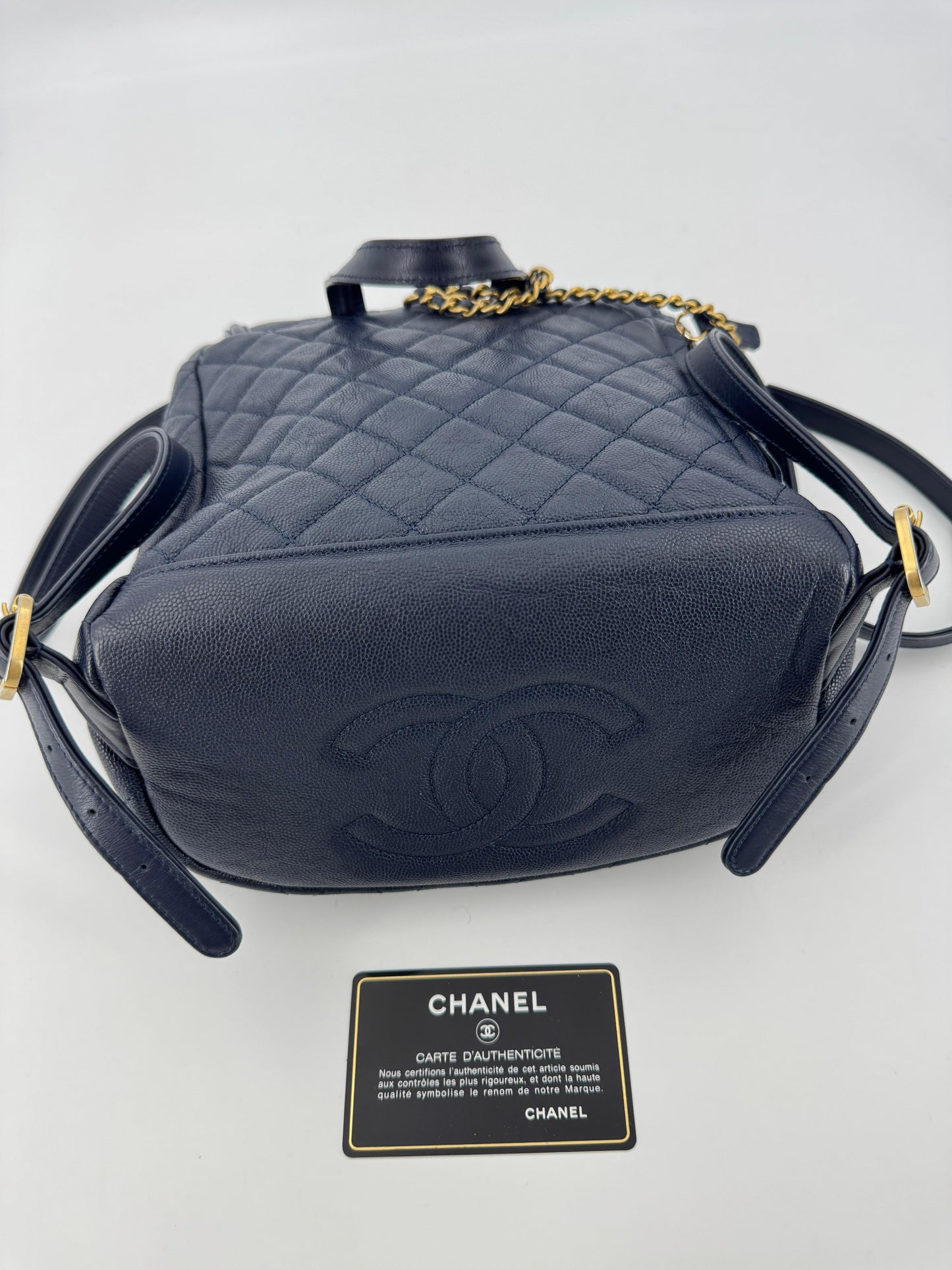 Chanel Dark Blue leather backpack with gold hardware