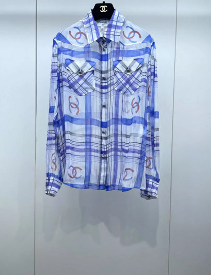 Chanel 23P Blue & White Silk Shirt