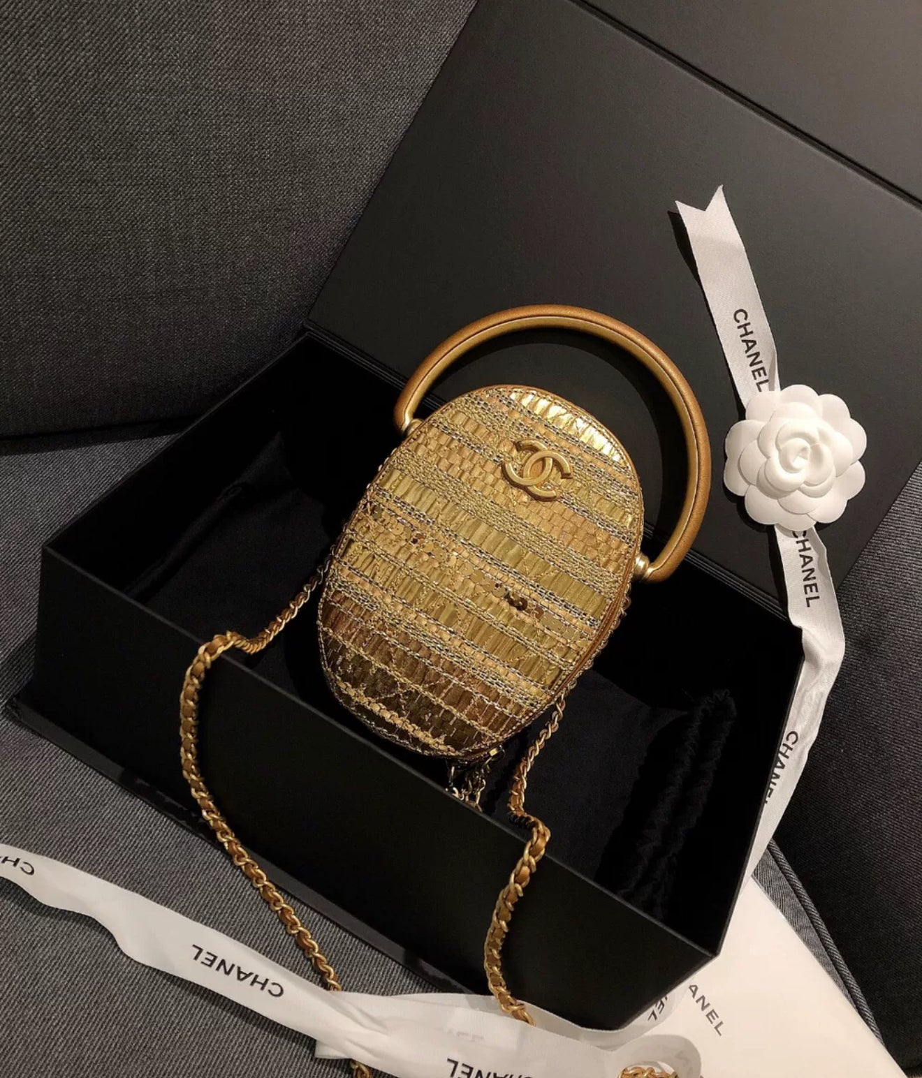 Chanel 19A Egyptian Gold Tweed Runway Handle Crossbody Bag