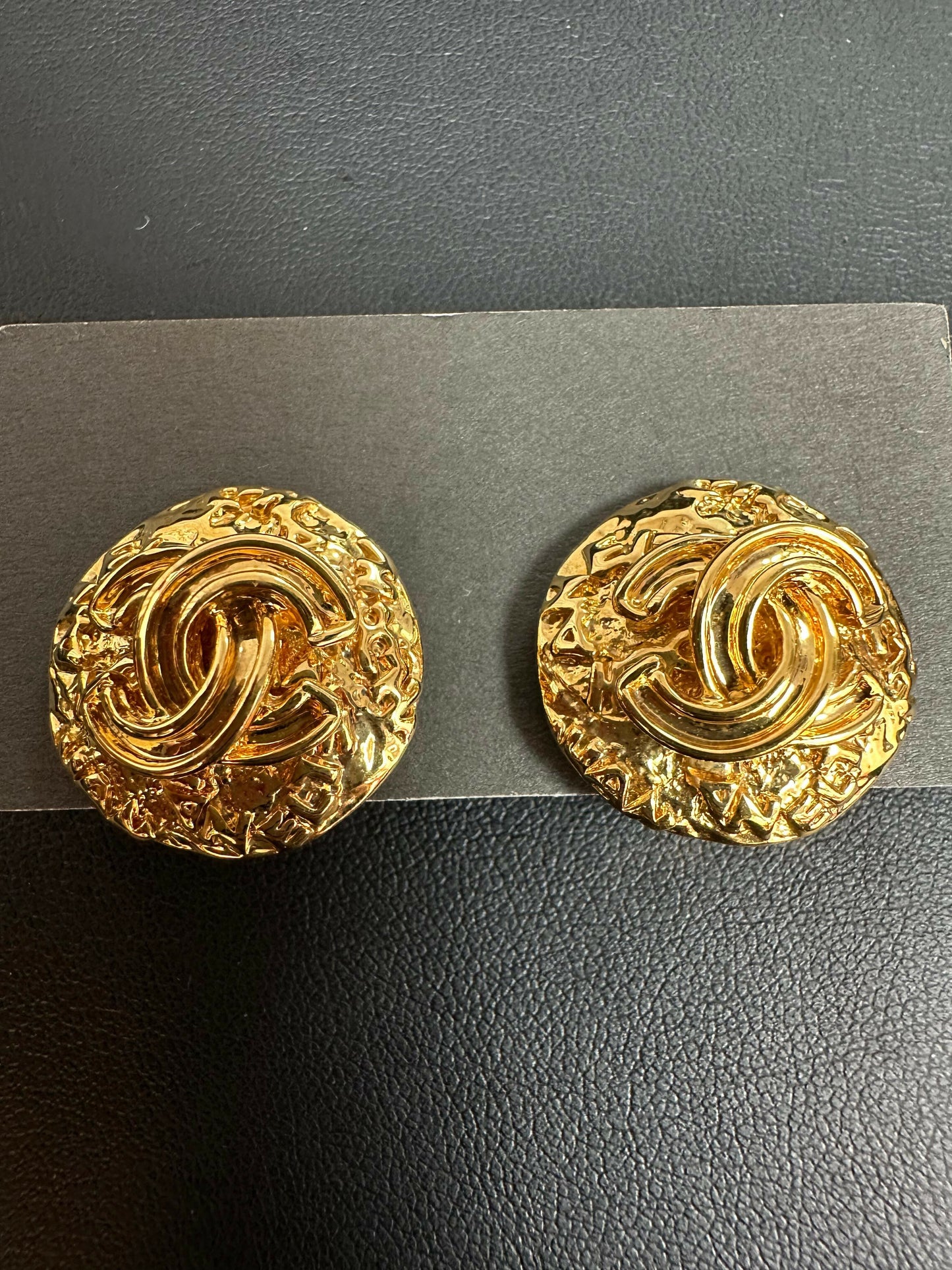 Chanel Vintage 95 Gold Plated Embossed Round CC Clip-on Earrings