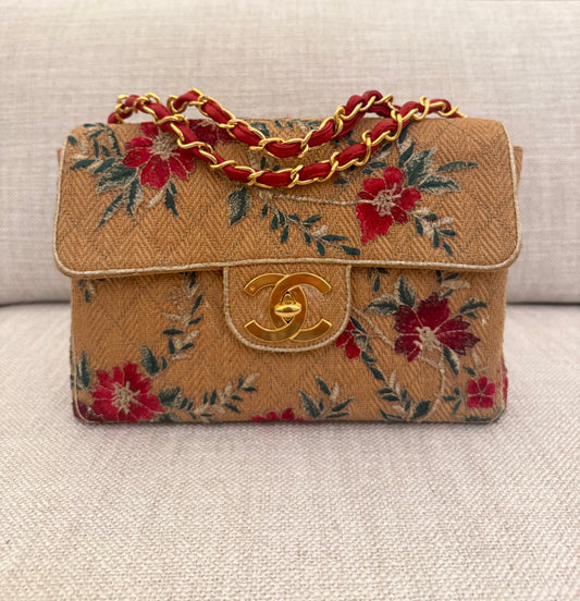 Rare Vintage Chanel Raffia embroidered maxi flap