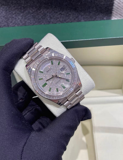Rolex Day-Date 218399T 18k White gold 
pave diamond with green enamel