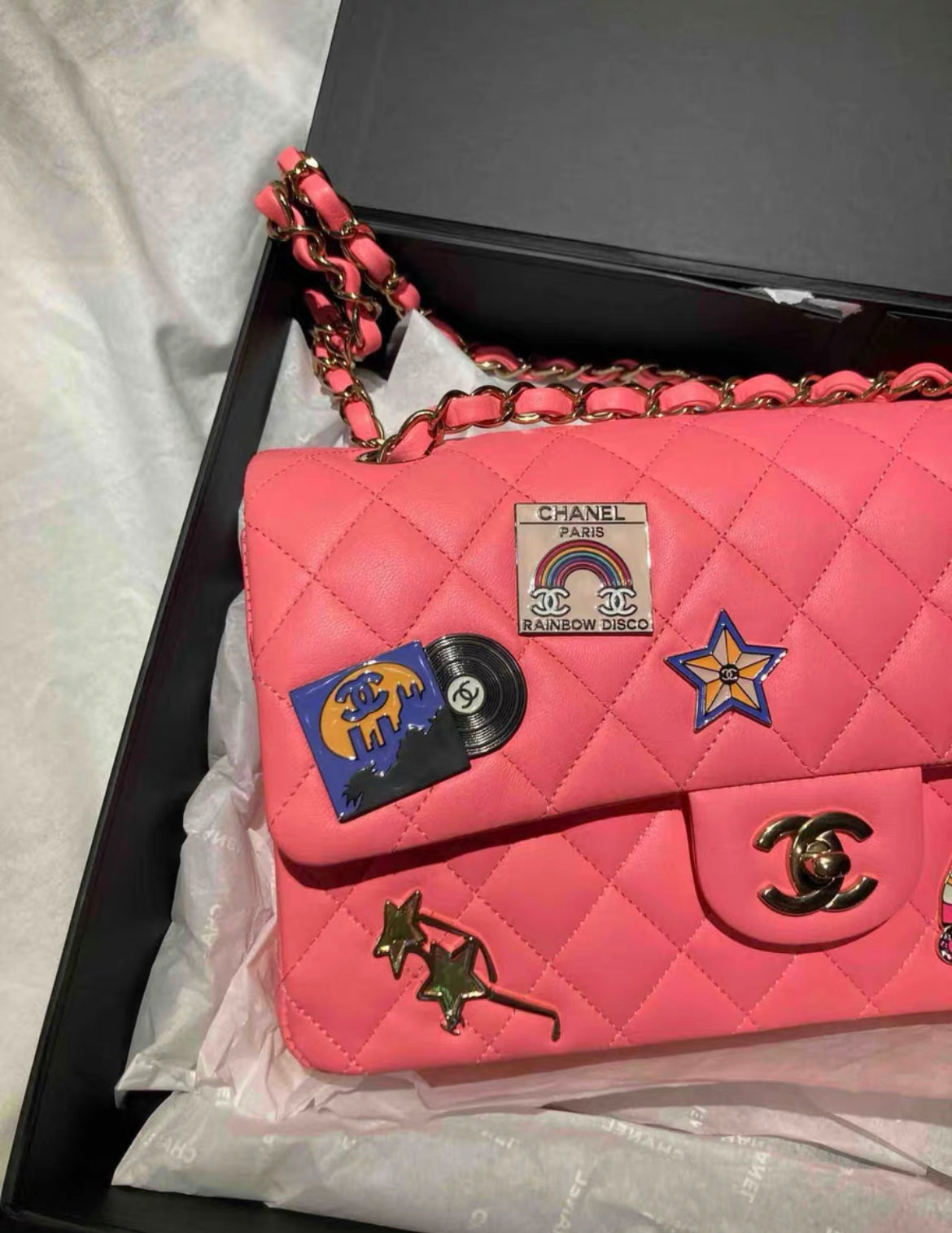 Chanel 24C Flap Bag in Pink Leather Embellished with Charms