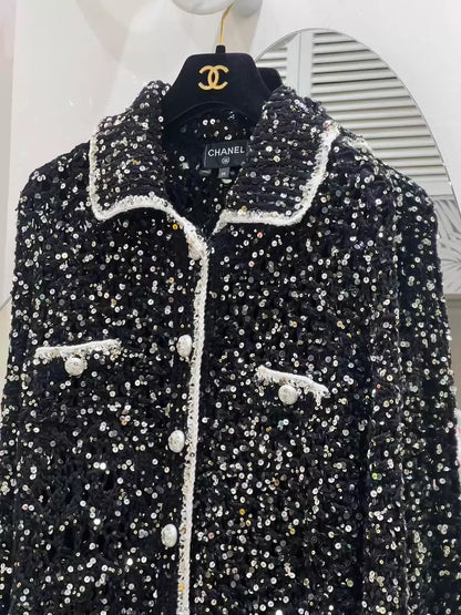 Chanel 23S Pearl Button Black Sequined Jacket