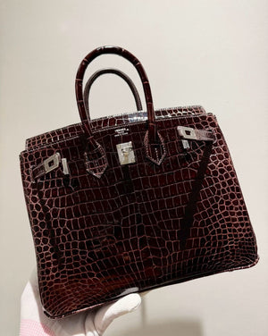 Hermes Birkin 25 Havana porosus shiny crocodile leather palladium hardware