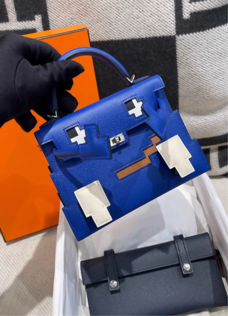 Limited Edition Hermès Kelly Doll Picto in Bleu Royal, Nata, Gold and Bleu Indigo  Epsom Leather with Palladium Hardware