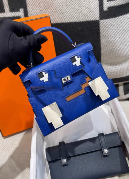 Limited Edition Hermès Kelly Doll Picto in Bleu Royal, Nata, Gold and Bleu Indigo  Epsom Leather with Palladium Hardware