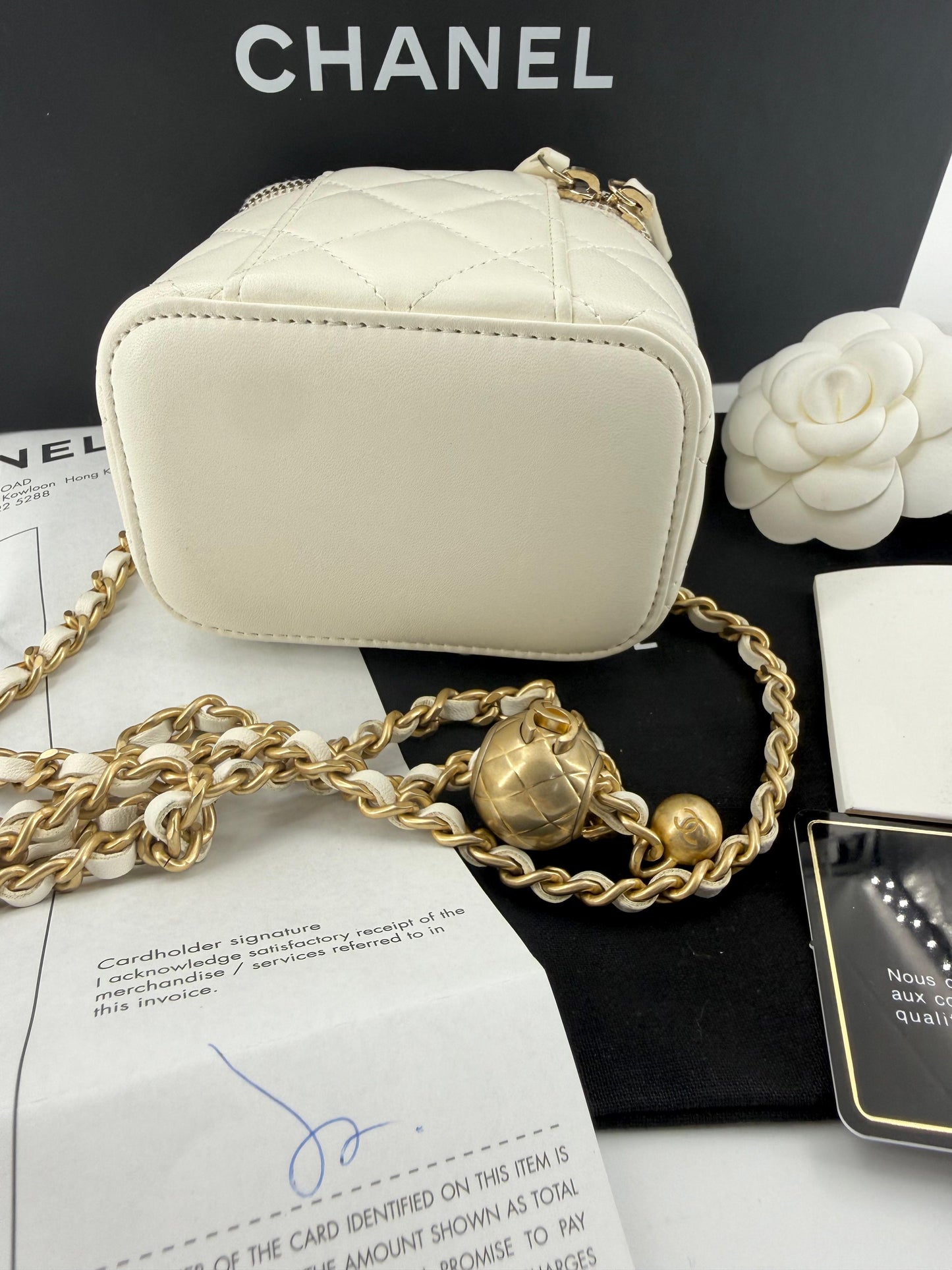 Chanel ecru mini vanity case gold chain hardware