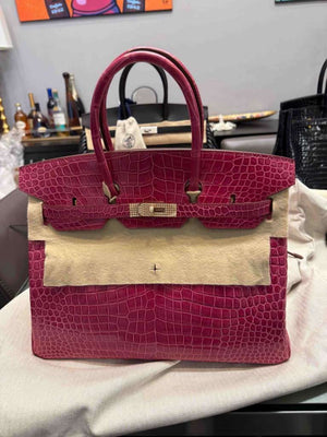 Pre-Owned Hermes Birkin 35 Rose Scheherazade crocodile leather Yellow Gold Diamond hardware