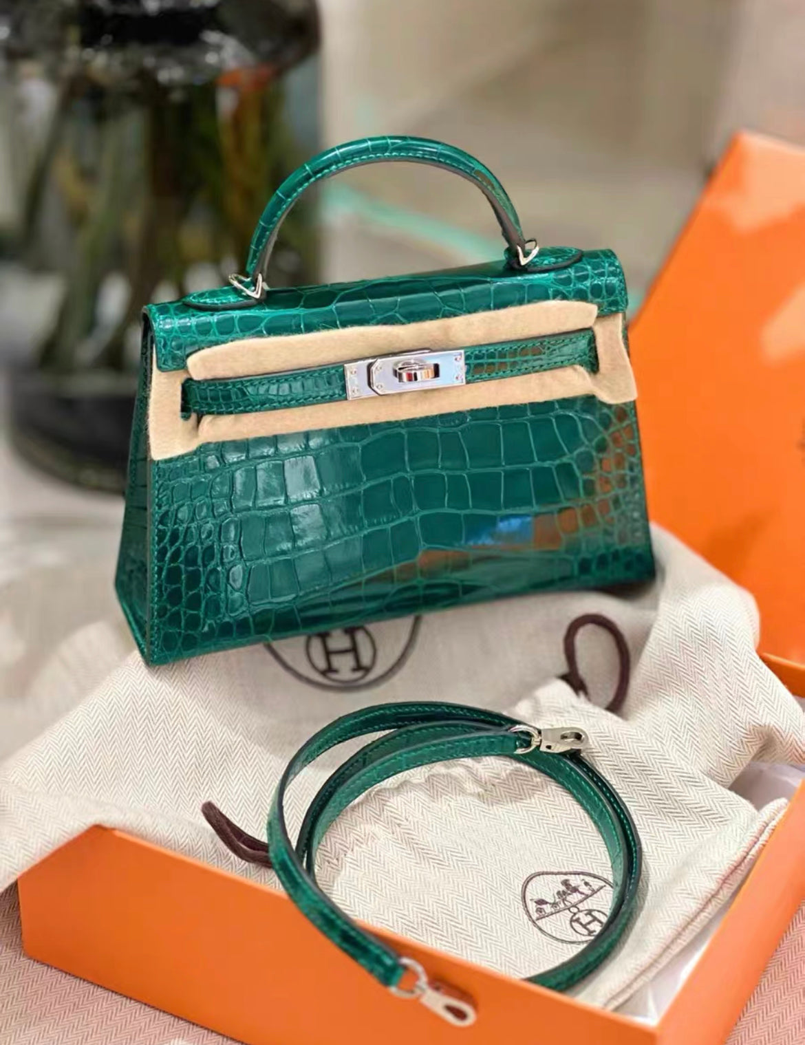 HERMES MINI KELLY SELLIER EMERALD SHINY ALLIGATOR PALLADIUM HARDWARE