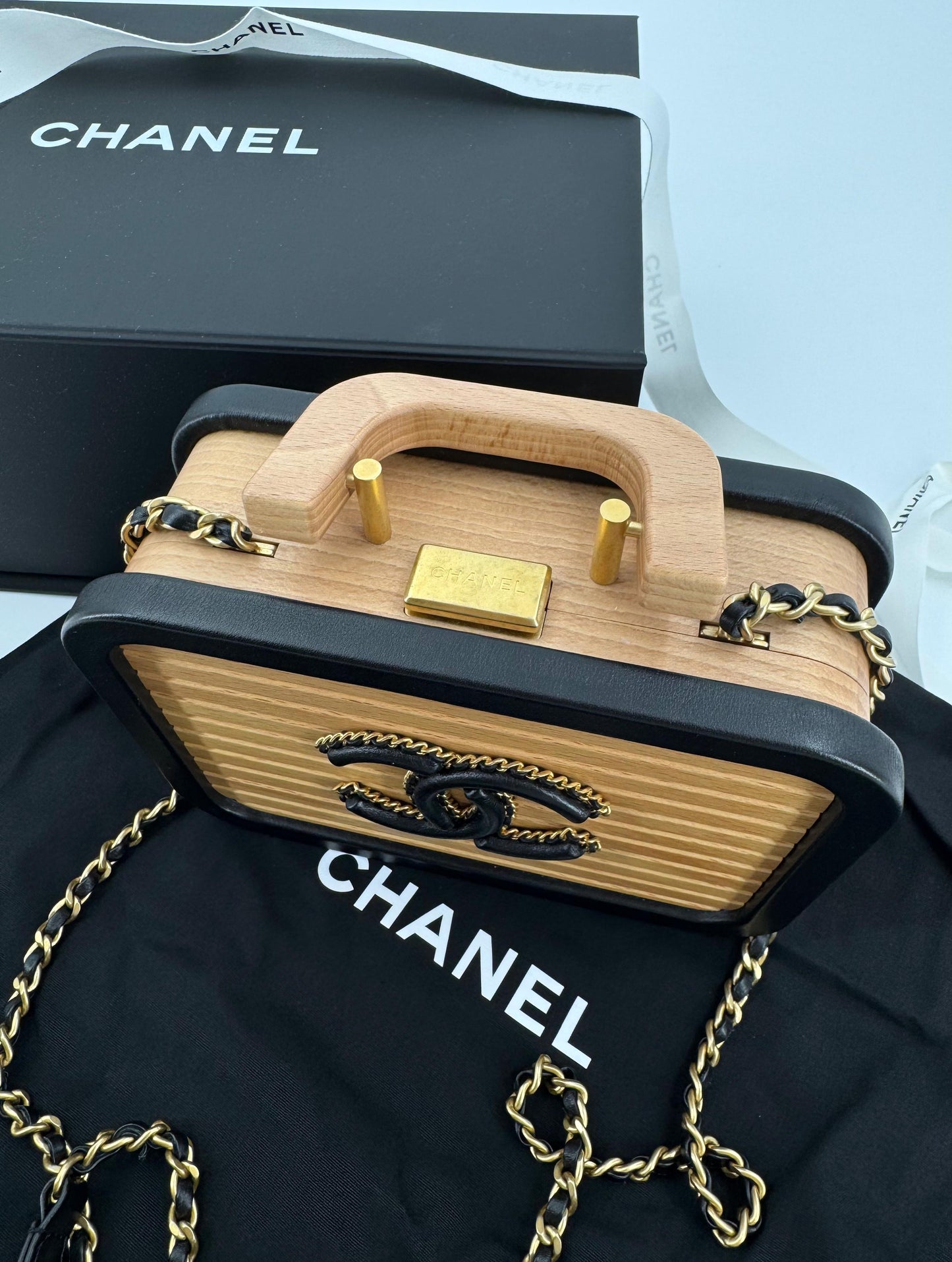 Chanel 2022 Beech Wood and Black Lambskin CC Vanity Case Brushed Gold Hardware