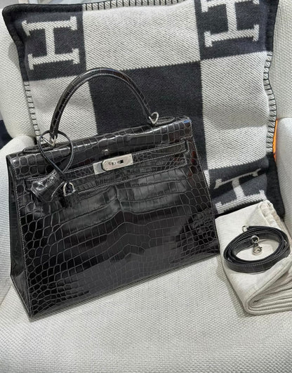 Hermès Kelly Sellier 32 Graphite Grey Shiny Crocodile leather Palladium Hardware with white stitches