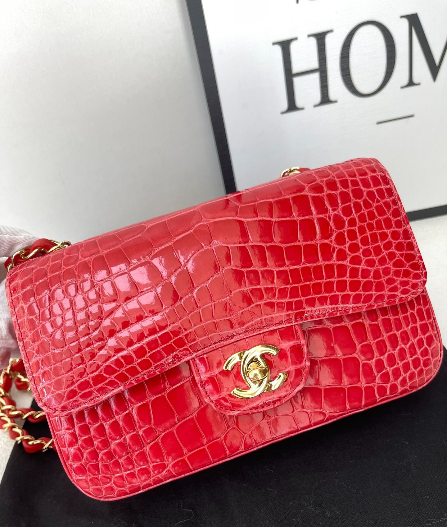 CHANEL Red Shiny Alligator Classic Mini Flap Bag with Gold Hardware