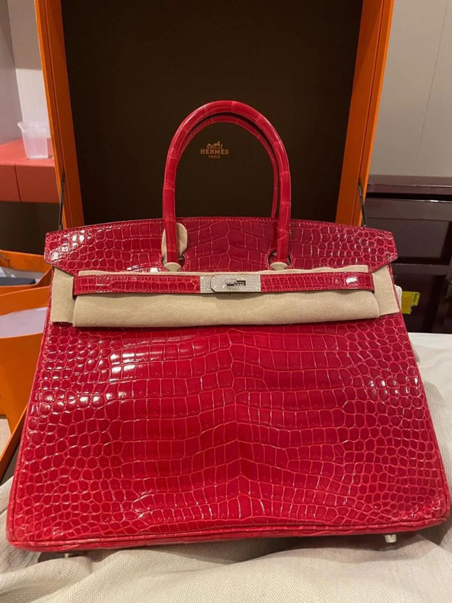 Hermès Birkin 35 Rouge Braise Shiny Porosus Crocodile 18K White Gold and Diamond Hardware