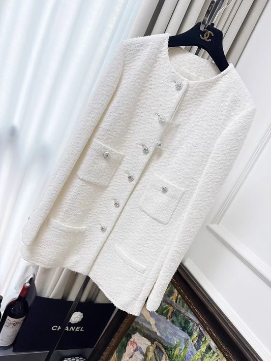 Chanel 23s White Woven Four-Pocket Rhinestone Button Tweed Jacket