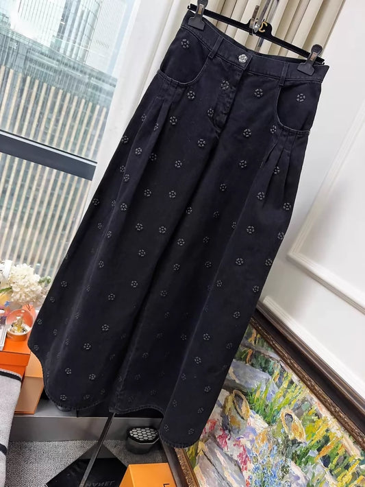 Chanel 23K embossed camellia black wide-leg jeans