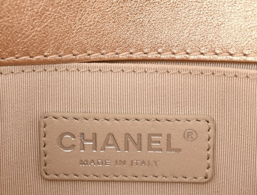 Chanel 15C Paris Dubai Rose Gold Metallic Calfskin Perforated Small Boy Flap Bag