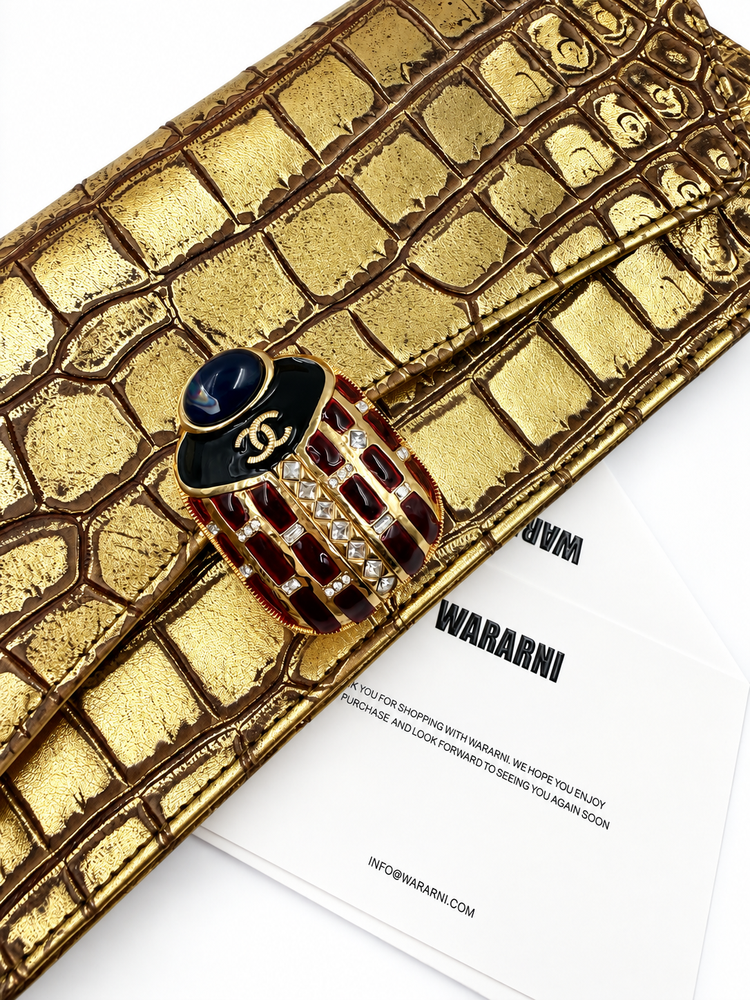 Chanel 19A Gold Crocodile Embossed Paris-New York Coco Scarab Ancient Egyptian Clutch Gold Hardware