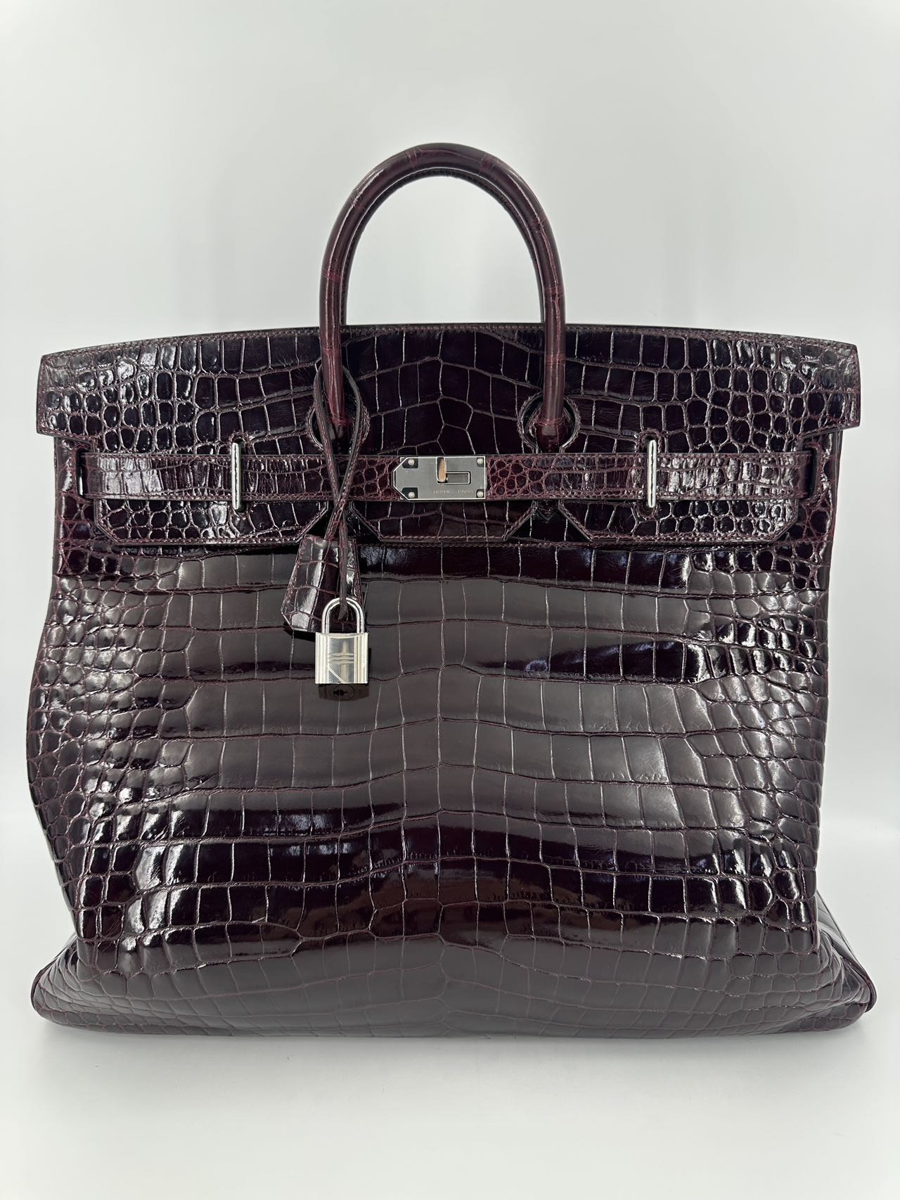 Hermes Birkin HAC 50 Bordeaux Shiny Crocodile leather palladium hardware