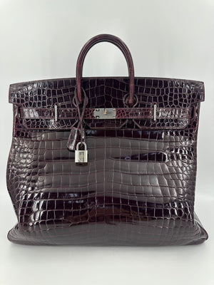Hermes Birkin HAC 50 Bordeaux Shiny Crocodile leather palladium hardware