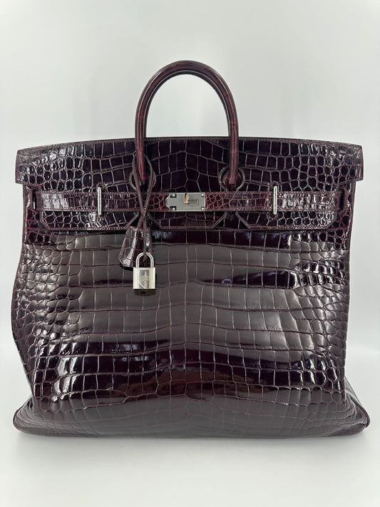 Hermes Birkin HAC 50 Bordeaux Shiny Crocodile leather palladium hardware