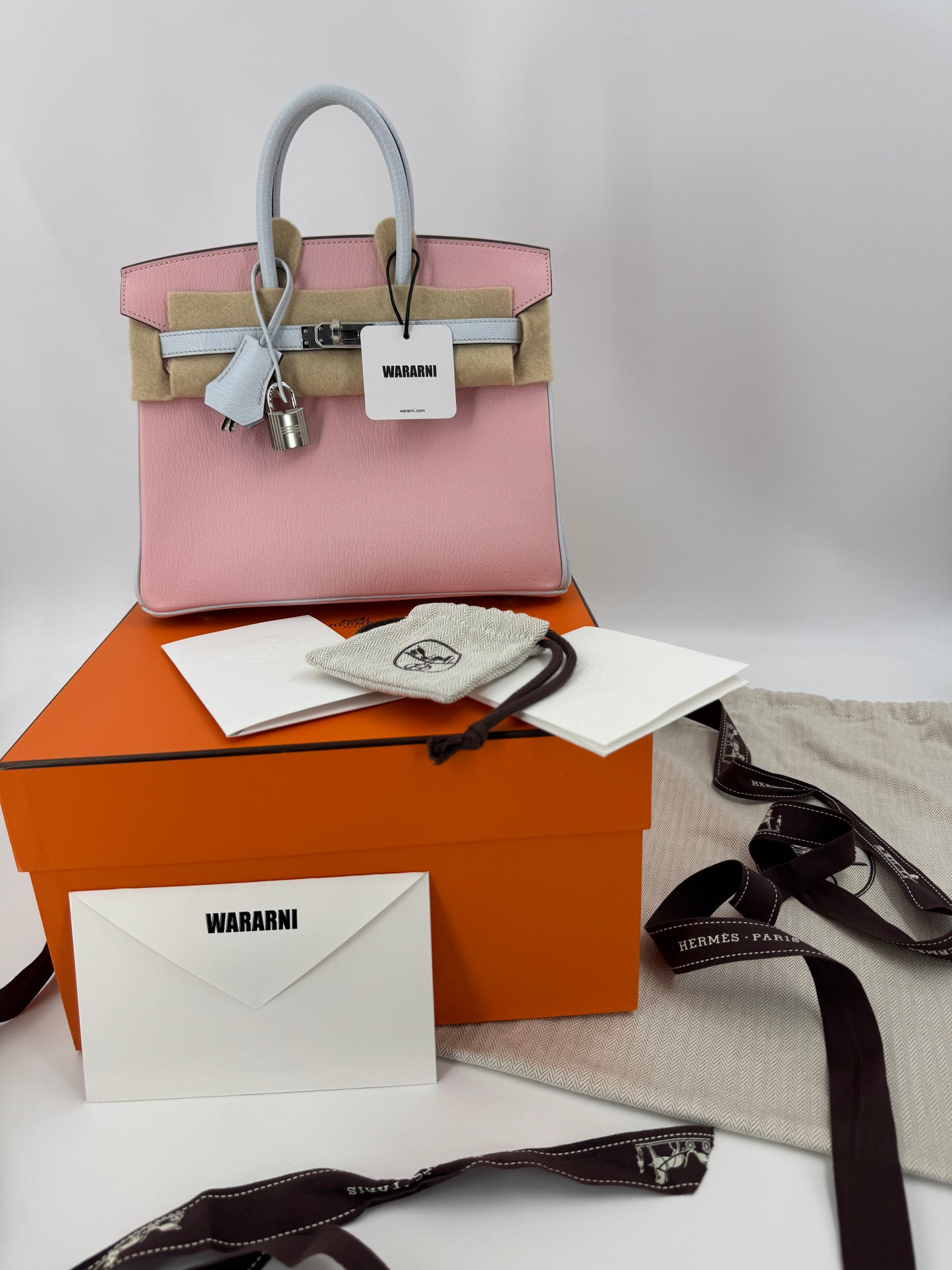 Hermès Birkin 25 3Q rose sakura pink & T0 Blue Brume Goatskin leather Brushed Palladium Hardware