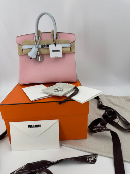 Hermès Birkin 25 3Q rose sakura pink & T0 Blue Brume Goatskin leather Brushed Palladium Hardware