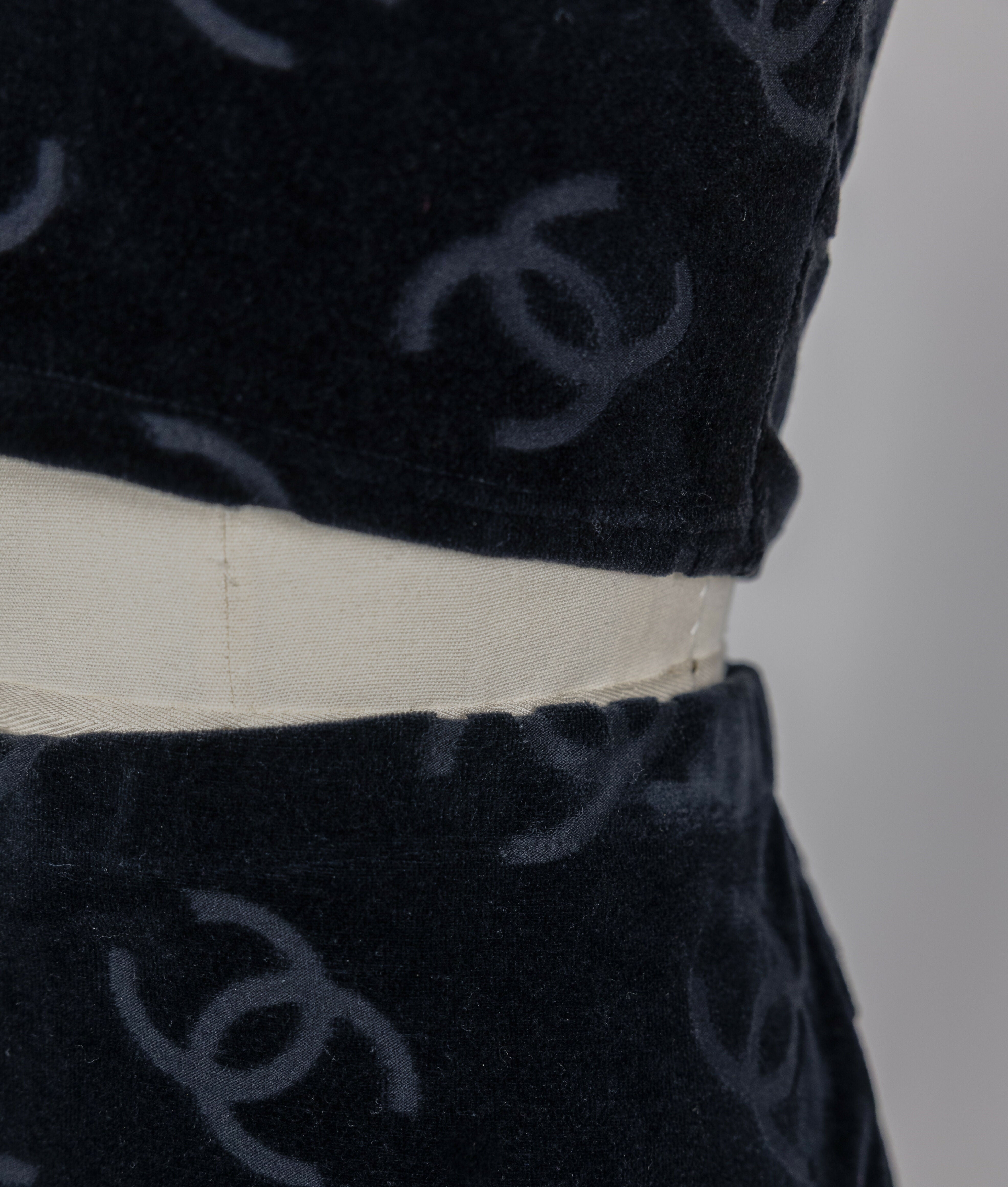 Chanel 1996 Spring/Summer Vintage Black Velour Logo Skirt Set