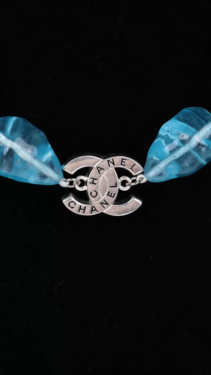 Chanel 1998 Cambon Street CC irregular teardrop blue glass choker necklace