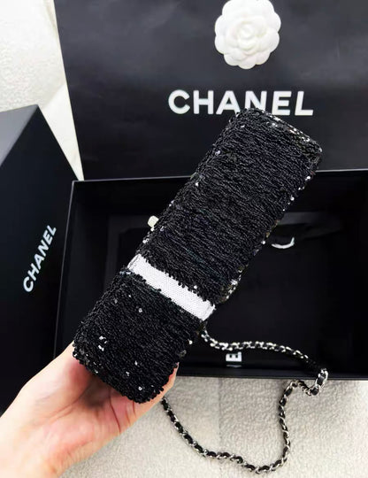 Chanel 24B black and white sequin bow silver hardware mini flap chain bag